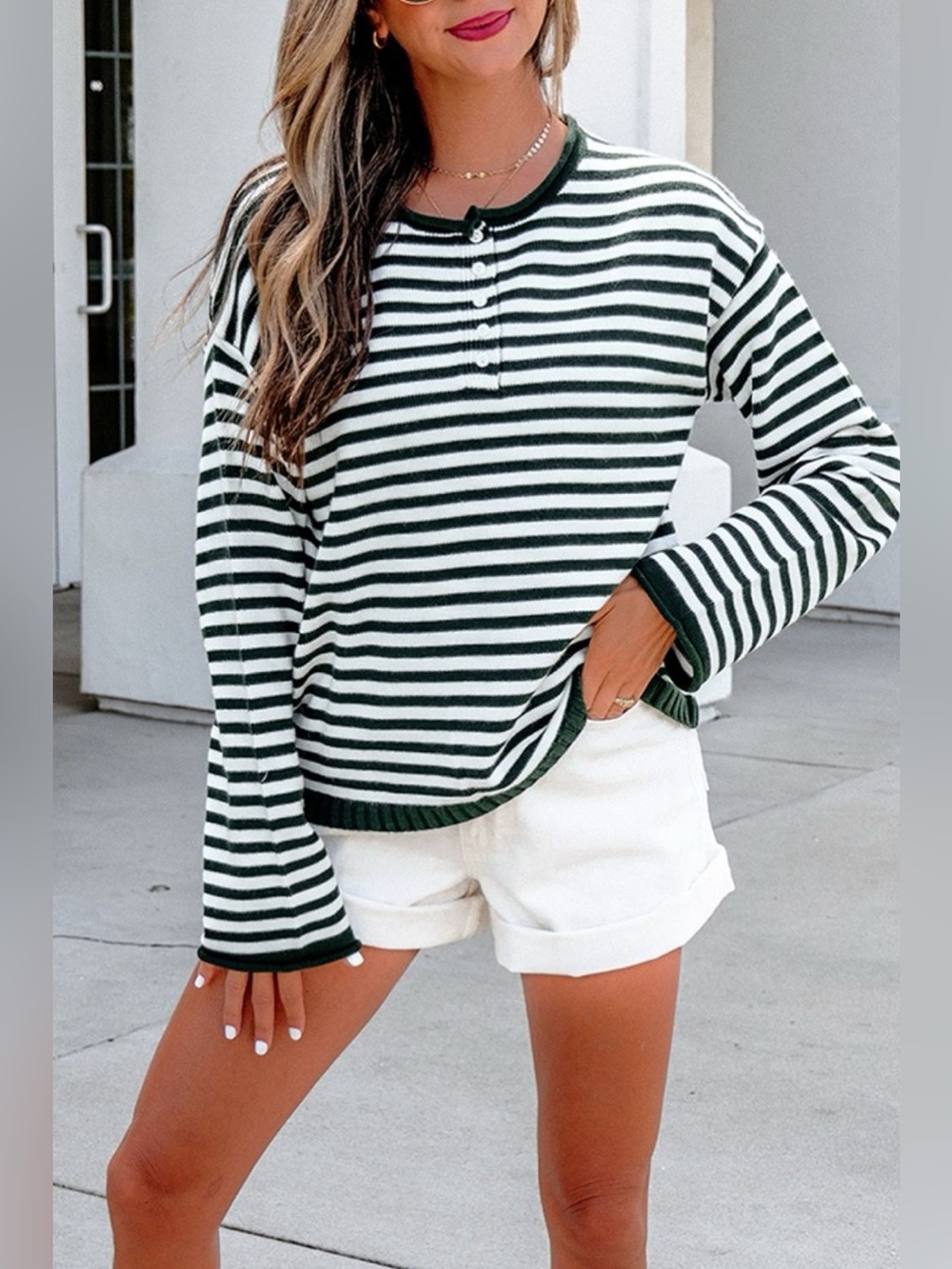 Striped Button Placket Drop Shoulder Long Sleeve Sweater - Picture 12 of 16